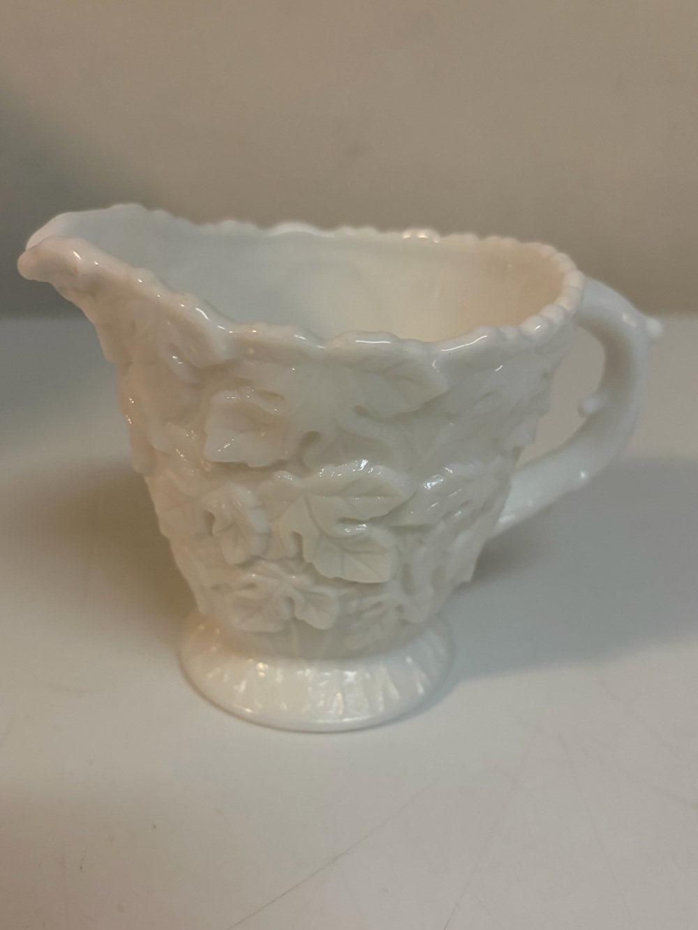 Vintage Westmoreland Milk Glass Creamer Paneled Grape WG Mark Footed 3” Cottage